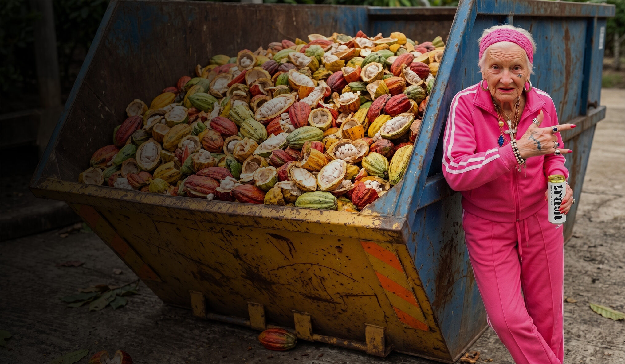 A woman in pink next to a skip full of waste cacao pods, holding a TRASH can
