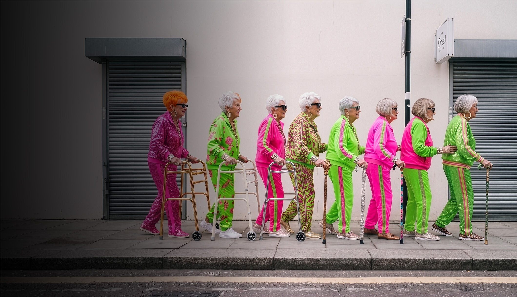 A line of older women in neon pink and green tracksuits with walking frames and canes
